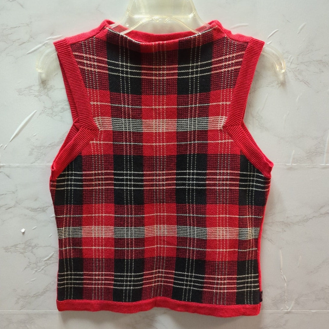 Tommy Jeans Vintage Red Black White Plaid Knit Sweater Vest Medium Sleeveless