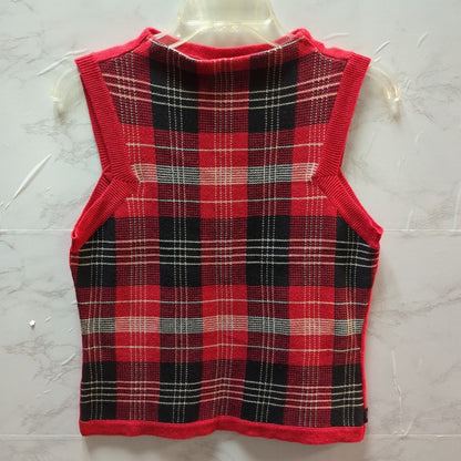 Tommy Jeans Vintage Red Black White Plaid Knit Sweater Vest Medium Sleeveless