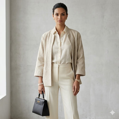 Eileen Fisher Champagne Evening Jacket Cardigan Size Medium Open Front Mandarin