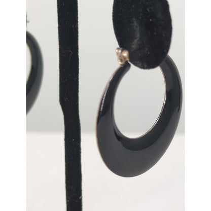 Vintage Glossy Black Enameled Chunky C-Hoop Earrings