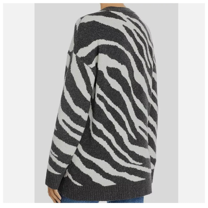 French Connection Womens Gray White V-Neck Zebra Wool Cardigan Sweatshirt SMALL