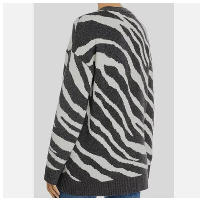 French Connection Womens Gray White V-Neck Zebra Wool Cardigan Sweatshirt SMALL