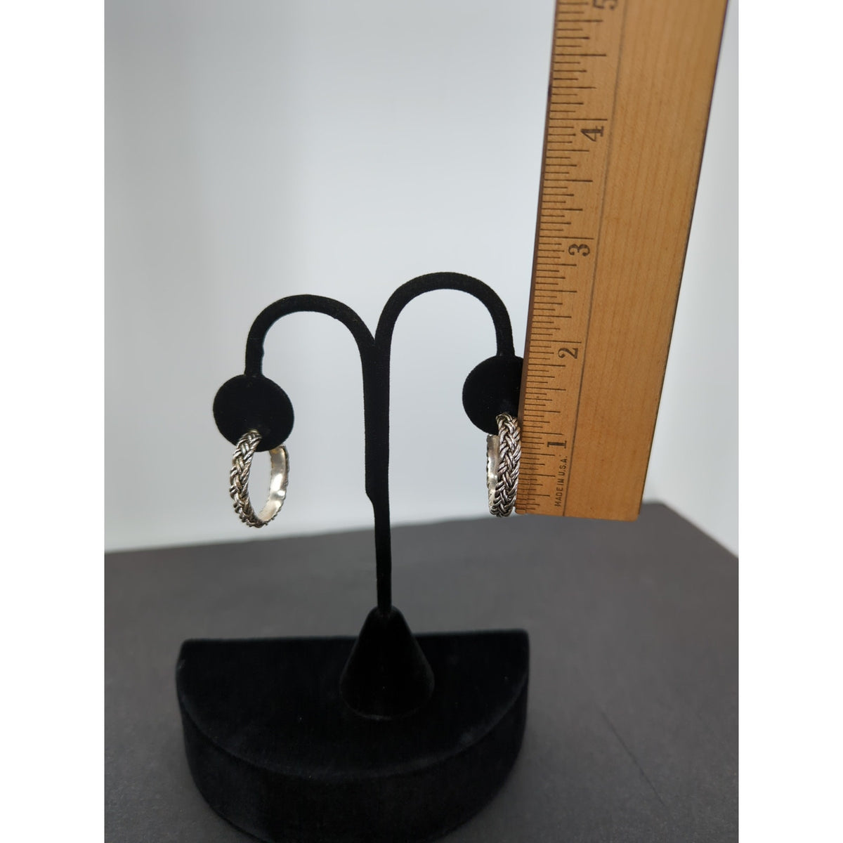 Vintage PIERCED fashion  Earrings Silver tone Braided Rope Semi Hoop