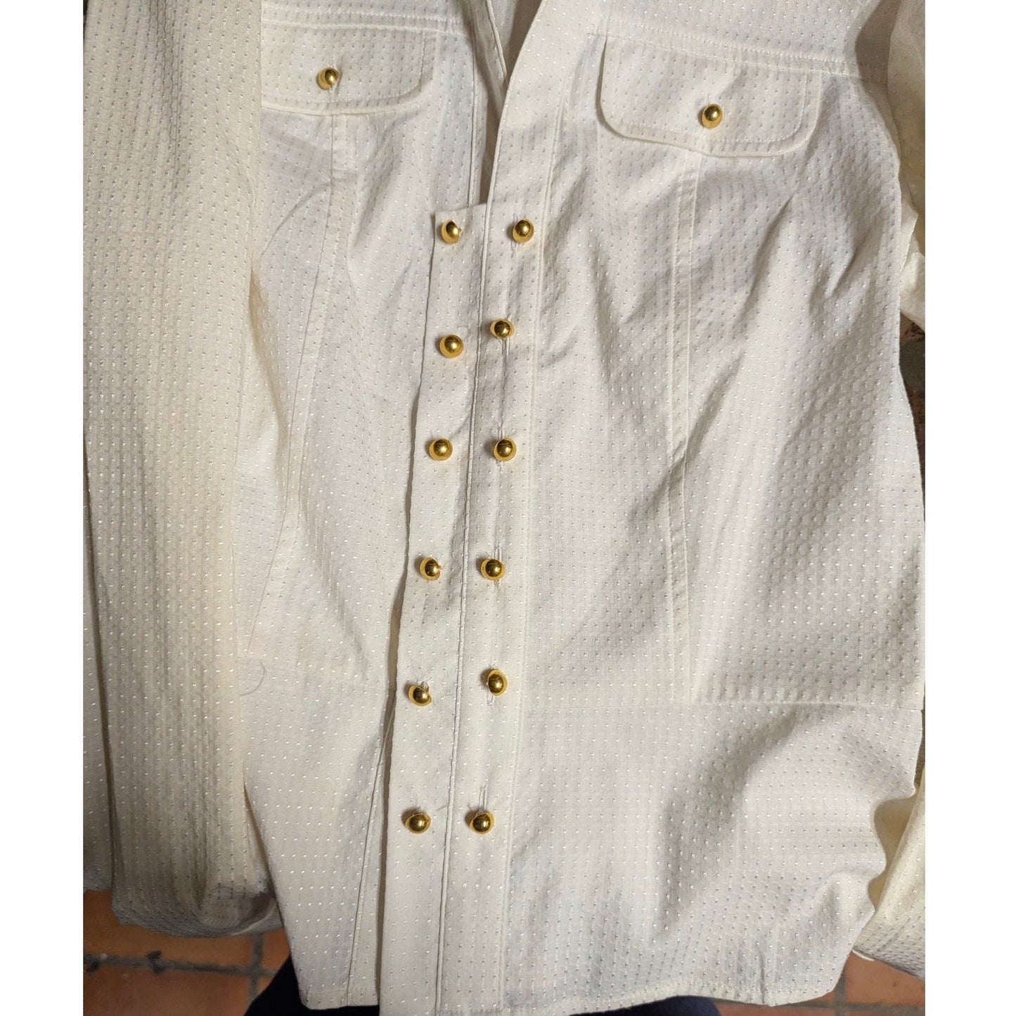 Jones New York Cream Textured Old Money Gold Button Y2K Peplum Blouse Small