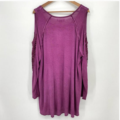 FOURTEENTH PLACE Cold Shoulder Tunic 2x Purple Lacey detail on Arm  Plus Size