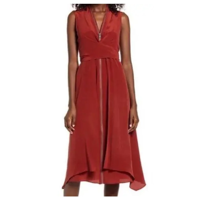 All Saints Jayda Rust 100% Silk Sleeveless Zip Front Midi Dress Sz 2 Grunge Fall