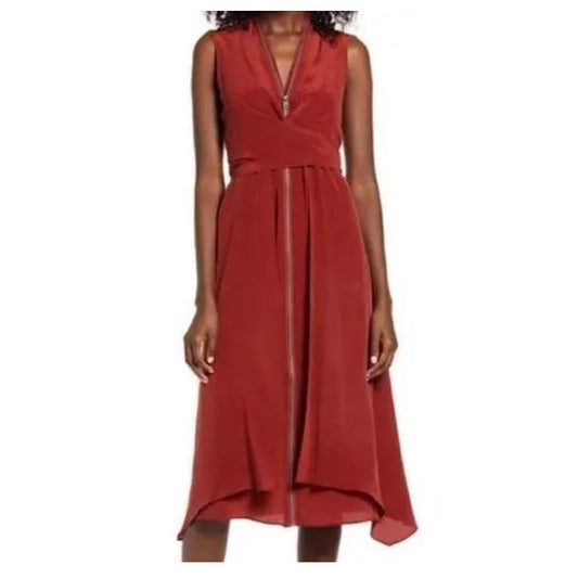 All Saints Jayda Rust 100% Silk Sleeveless Zip Front Midi Dress Sz 2 Grunge Fall