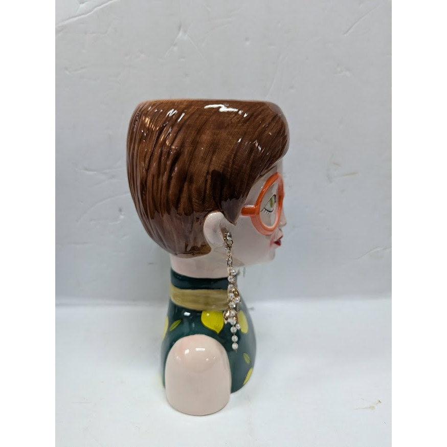 Large Ceramic Fruit lady headvase planter Multi 9" tall LEMON LUSH spectacles
