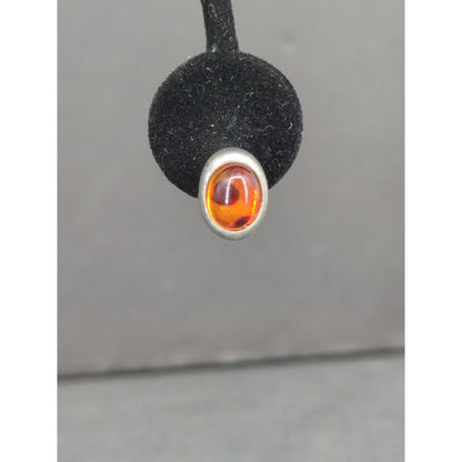 Vintage Amber Cabochon Clip On Earrings Silver Tone Enclosed Bezel Retro