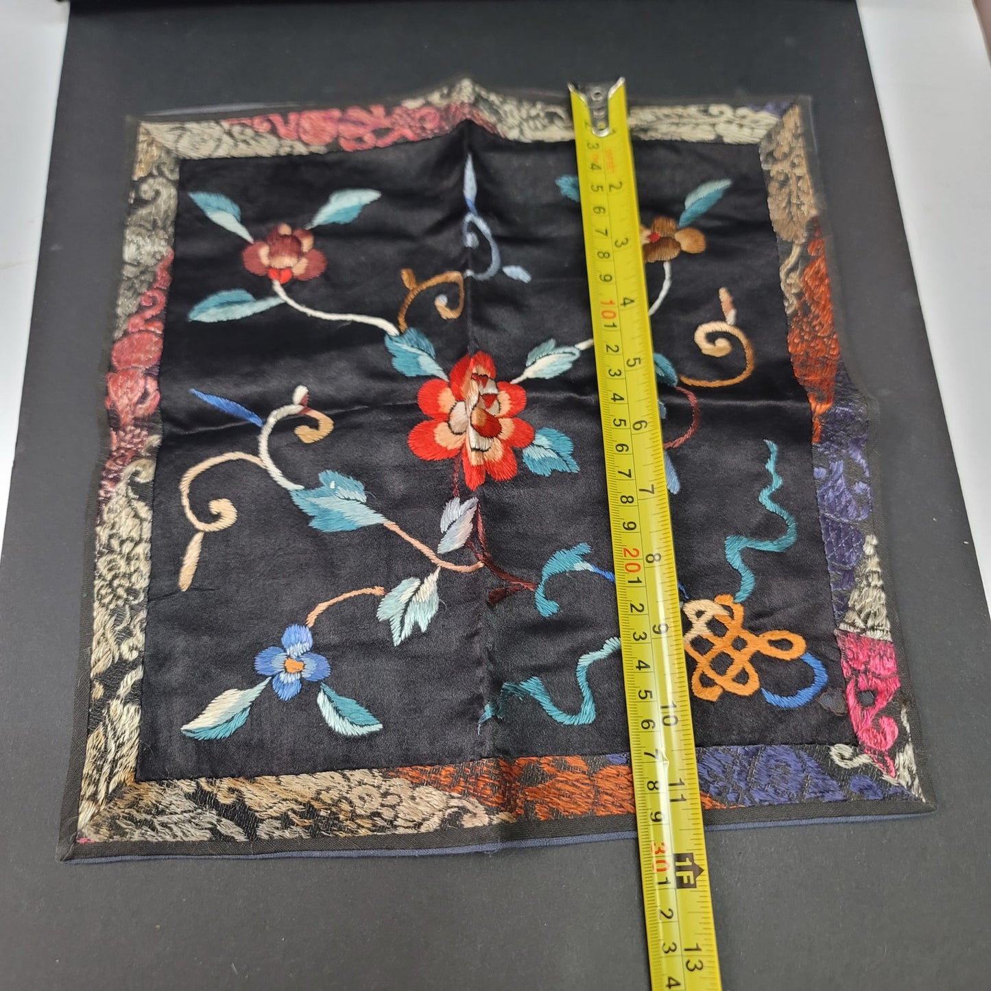 Vintage Chinese hand embroidery silk fabric placemat tapestry black floral