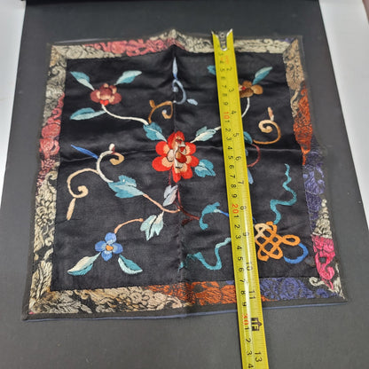 Vintage Chinese hand embroidery silk fabric placemat tapestry black floral