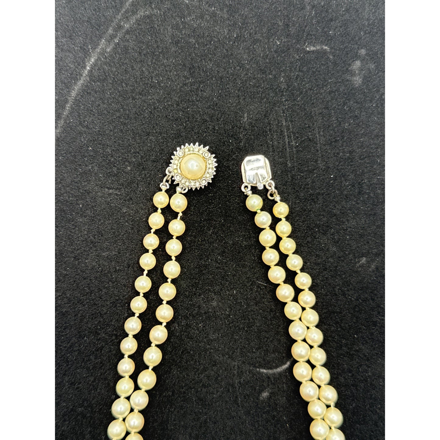 Vintage Necklace Piece Double strand faux pearls rhinestone and pearl clasp