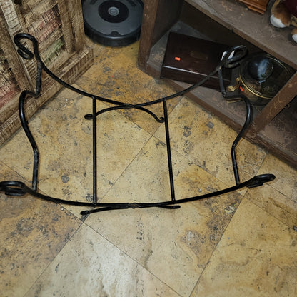 vintage black Wrought iron fireplace log holder suede leather carrier log tote