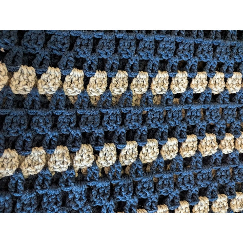 Handmade Dark Blue and Gray Crocheted Afghan throw w/ Fringe 84" x 64" Twin Bed