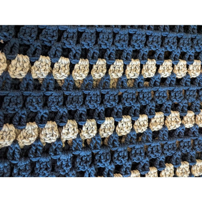 Handmade Dark Blue and Gray Crocheted Afghan throw w/ Fringe 84" x 64" Twin Bed