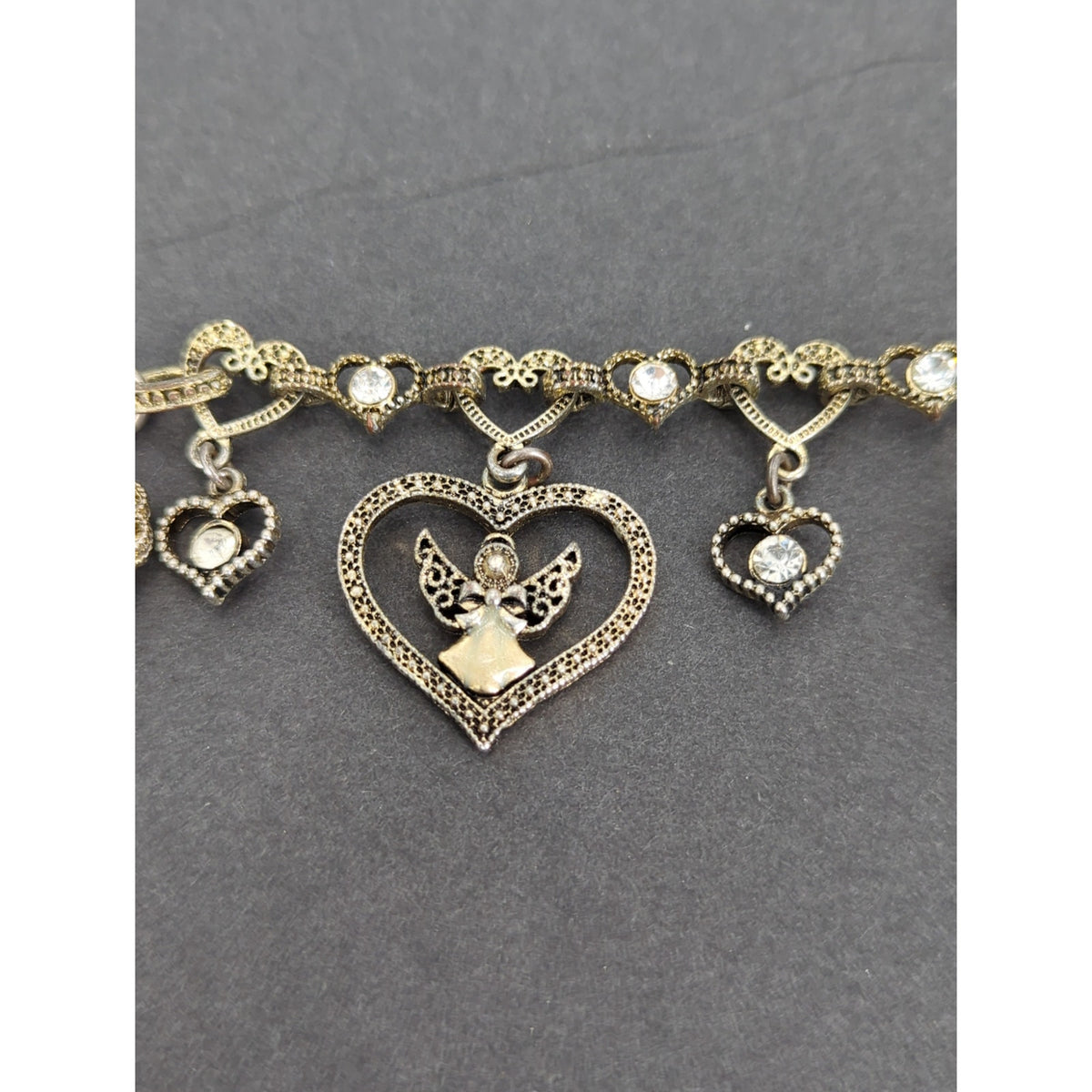 7" Vintage Gold-Tone Filigree Heart & Angels Charm Bracelet Coquette Victorian