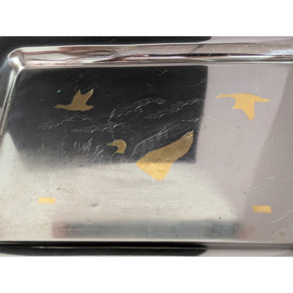 Vintage double handle platter Ducks on a pond serving tray stainless steel
