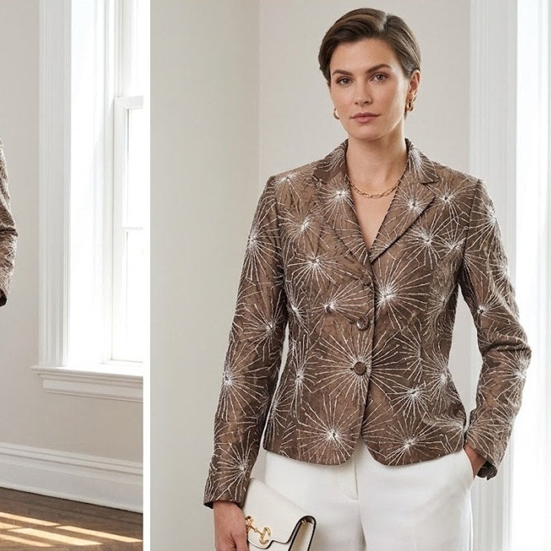 NEW Austin Reed Size 6 Silk Blazer Jacket embroidered brown white