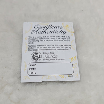 Vintage 2000 Cheerios Lincoln Cent Penny Sealed COA Millennium Lot of 2