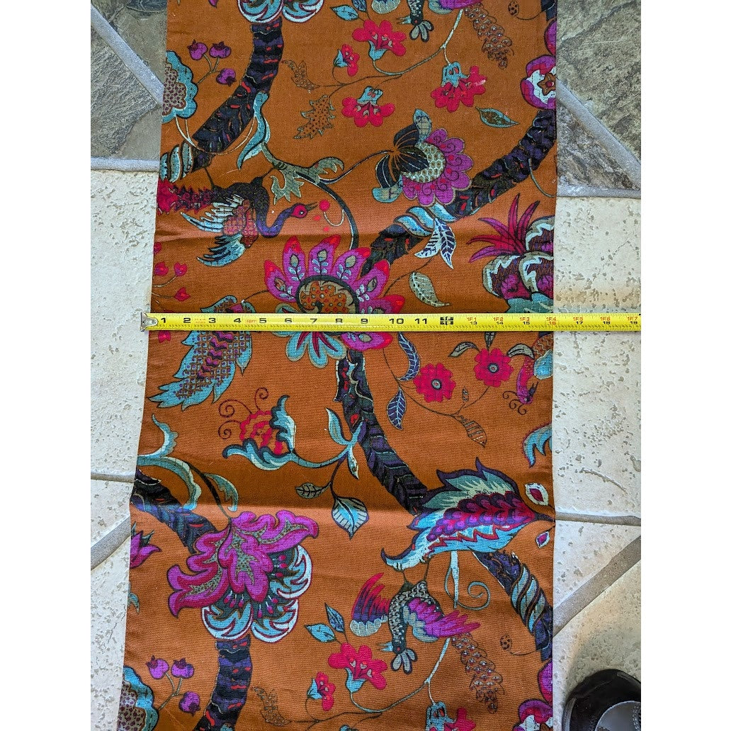 table runner 88" x 16" Rust purple blue Bird Florals cotton woven blend