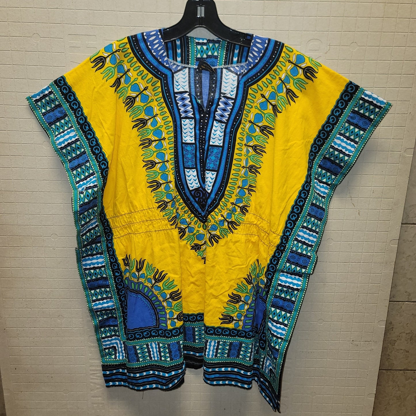 Dashiki Print Shirt Poncho Blouse Elastic Waist Cotton One Size Blue Yellow