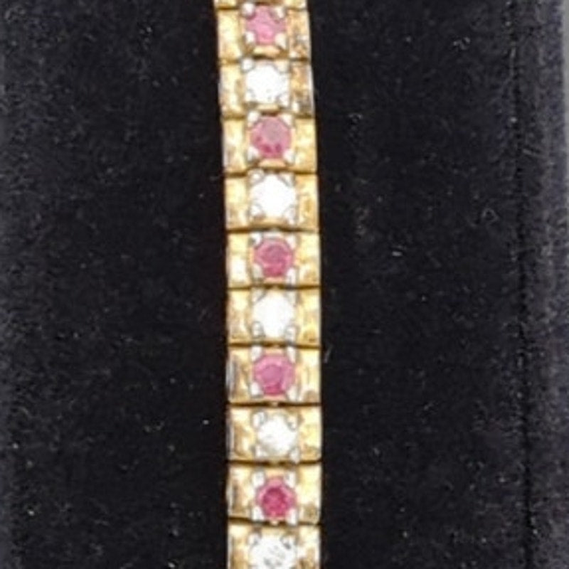 Vintage BRACELET Ruby Diamond 925 Tennis 8" Sterling Silver Red