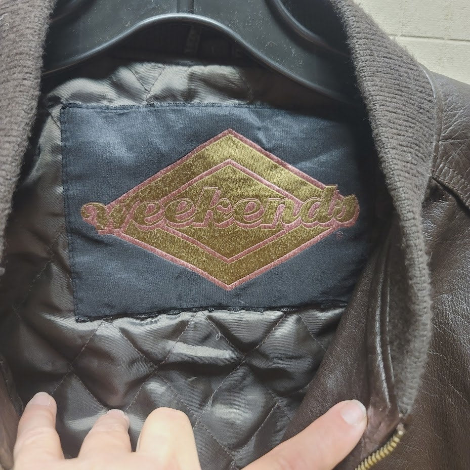 vintage bomber jacket Brown weekends LEATHER pockets lined ribbed cuffs LARGE