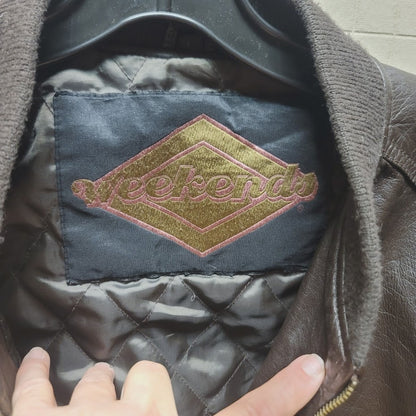 vintage bomber jacket Brown weekends LEATHER pockets lined ribbed cuffs LARGE