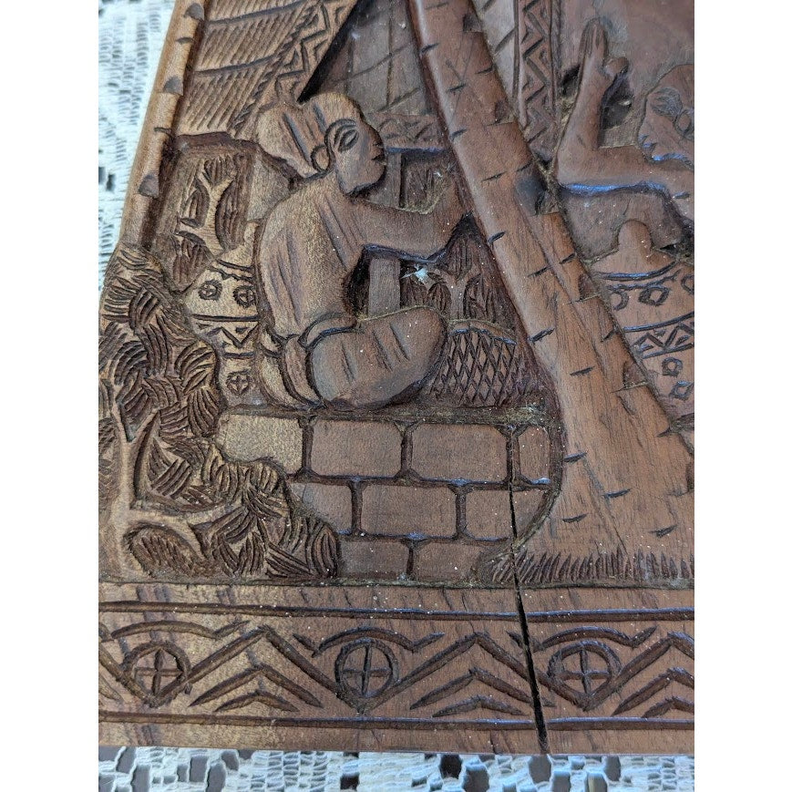 Antique Palauan Storyboard Hand Carved Wood Relief Folk Art Signed Willard Deocr