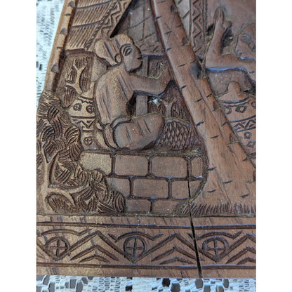 Antique Palauan Storyboard Hand Carved Wood Relief Folk Art Signed Willard Deocr