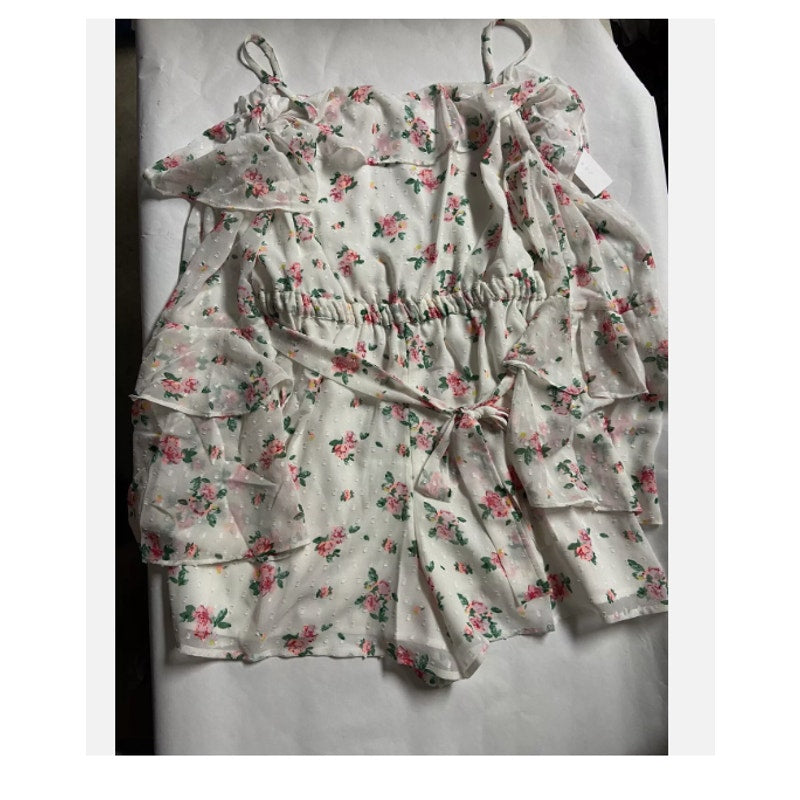Topshop White Pink Floral Rose Bardot Off Shoulder Shorts Romper SZ. 4 SMALL NEW