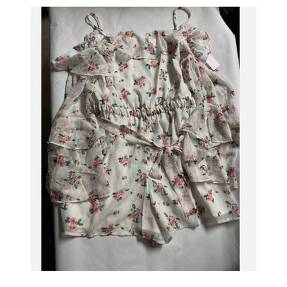 Topshop White Pink Floral Rose Bardot Off Shoulder Shorts Romper SZ. 4 SMALL NEW
