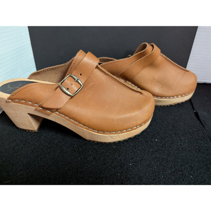 Cape Clogs Swedish Tan Leather Wooden Mule Clogs - EU 38 US 7.5
