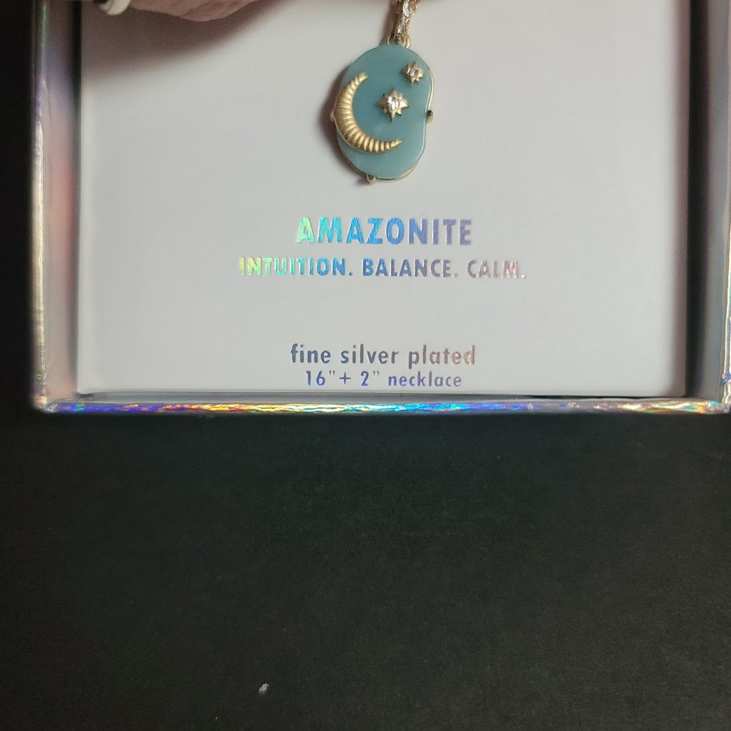 Amazonite File Silver Plated 16" + 2" Necklace with The moon and Stars Pendant