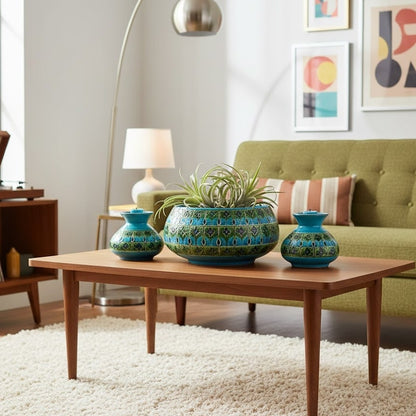 Bitossi Italy Console Bowl w/ Matching Candlestick Art Pottery Rimini blue Green