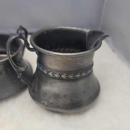 Vintage Pewter 2pc Creamer Sugar Bowl Set Colonial Style Dark Academia Primitive