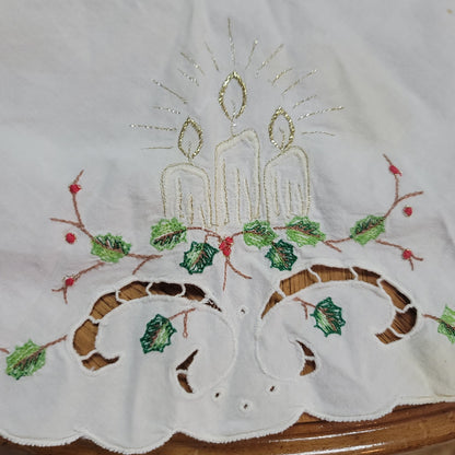 Christmas Table linen tableclotth 32" Runner 48" Holly Candles Holiday Vintage