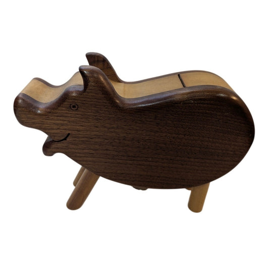 Vintage Handcrafted Wood Hippo Piggy Bank Original Cork Mid-Century Boho