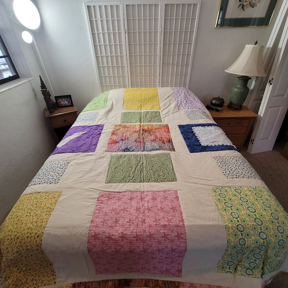 Handmade Vintage Patchwork Square Block Quilt Retro Chic Boho Heirloom QUEEN