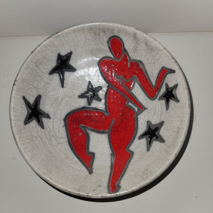 Art pottery female nude red surrounded by stars signed MAB wall decor bowl red