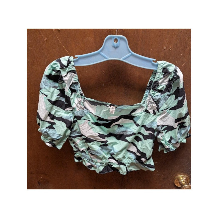 NEW BP. Green Painted Crop Top Pouf Sleeve Size Small