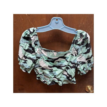 NEW BP. Green Painted Crop Top Pouf Sleeve Size Small