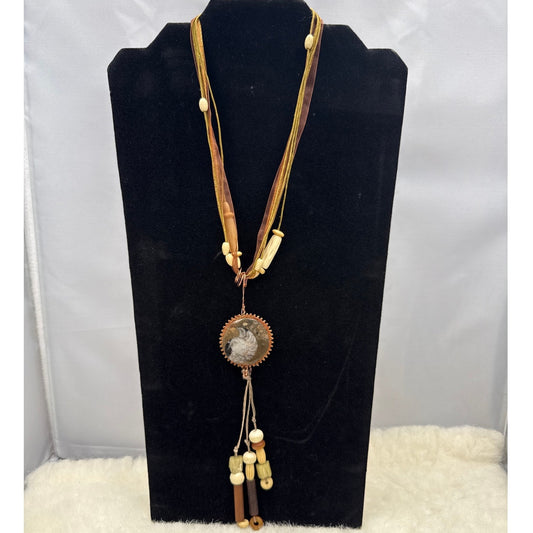 Vintage Ammonite Fossil Multi-Strand Ribbon Cord Statement Tassel Necklace 15"