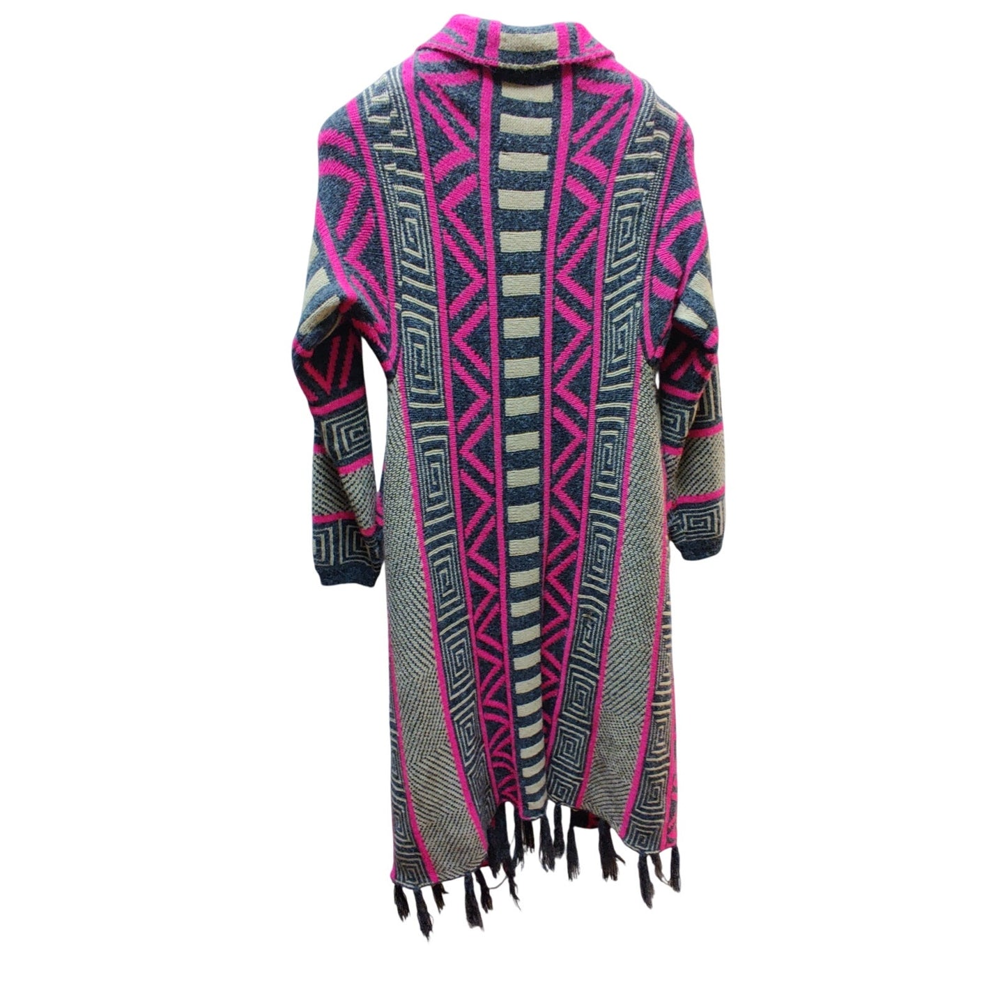 Vintage Perfectly Priscilla Pink Aztec Fringe Longline Cardigan Sweater Small