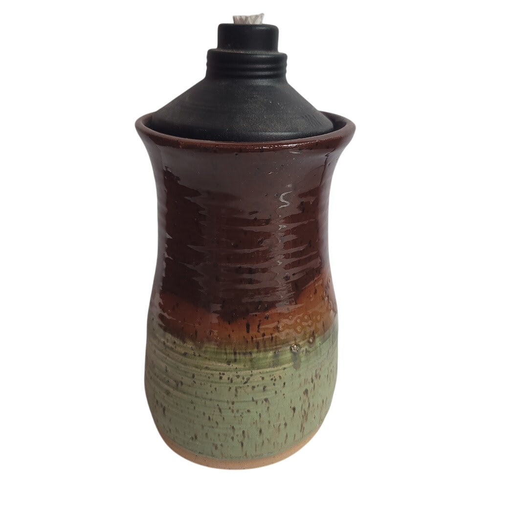 Art pottery Handmade tiki torch Clay Canister 7" holder Earthtones Signed JA