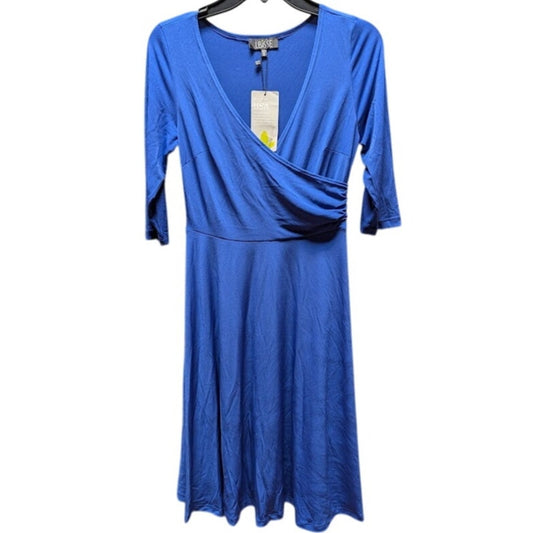 LBISSE Size Medium Dress Blue 3/4 Sleeve Faux wrap fit flare MODEST stretchy NEW