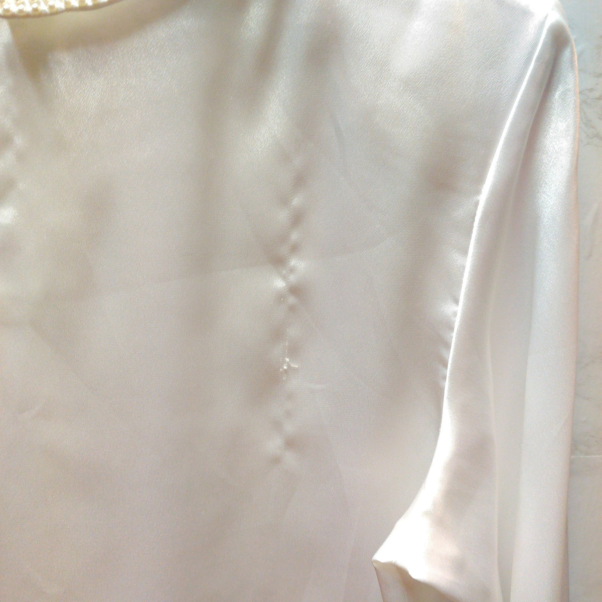 Vintage New Concepts Petite Faux Pearl Collar Satin Blouse Ivory Long Sleeve