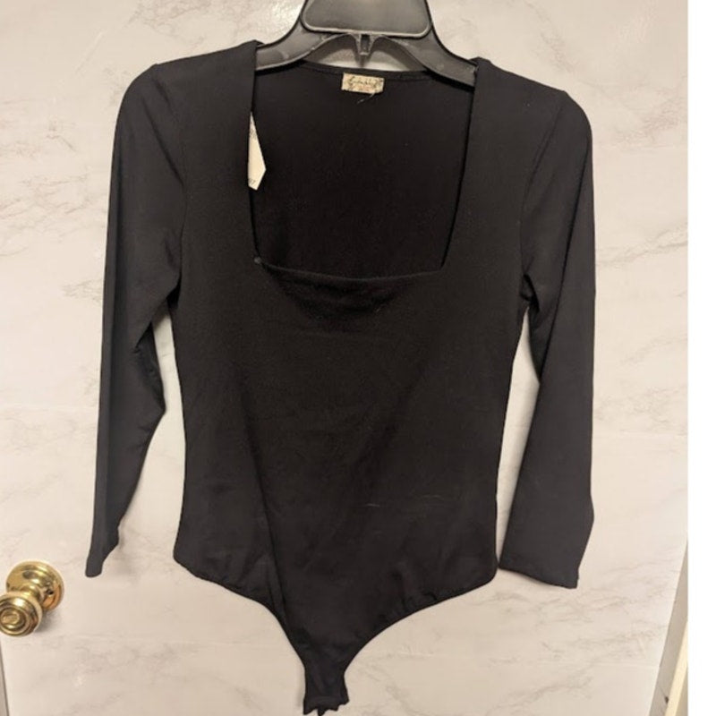 NEW Free People square neck long sleeve firming bodysuit thong black size Medium