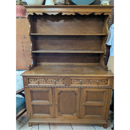 Vintage French Country Carved Wood Hutch China Cabinet Display Buffet Server
