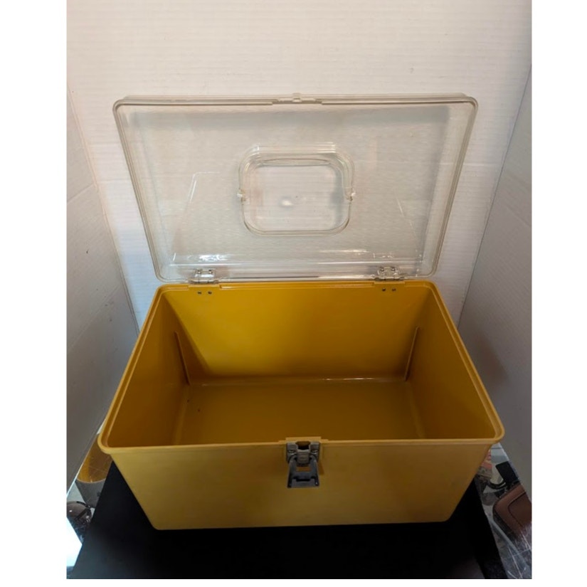 Vintage Wil-Hold Wilson yellow sewing box clear textured lid Harvest Gold 1970